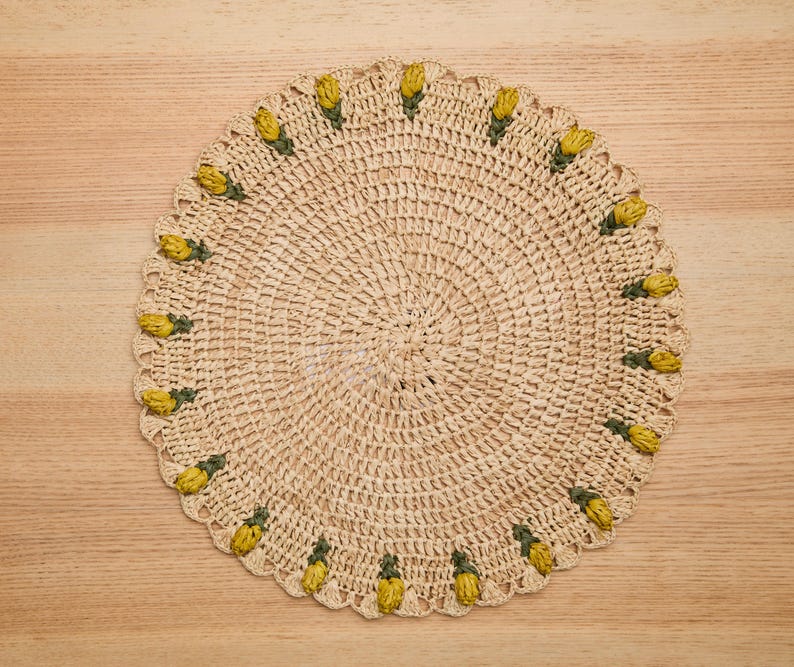 Handmade Tulip Placemat – Raffia Crochet Floral Table Mat – Spring & Easter Table Decor – Artisan Tableware – Boho Dining Accent-table tops-Parc Decor