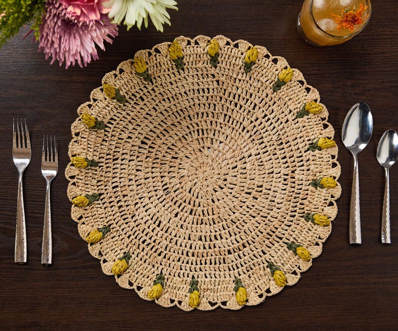 Handmade Tulip Placemat – Raffia Crochet Floral Table Mat – Spring & Easter Table Decor – Artisan Tableware – Boho Dining Accent-table tops-Parc Decor