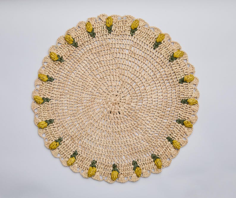 Handmade Tulip Placemat – Raffia Crochet Floral Table Mat – Spring & Easter Table Decor – Artisan Tableware – Boho Dining Accent-table tops-Parc Decor