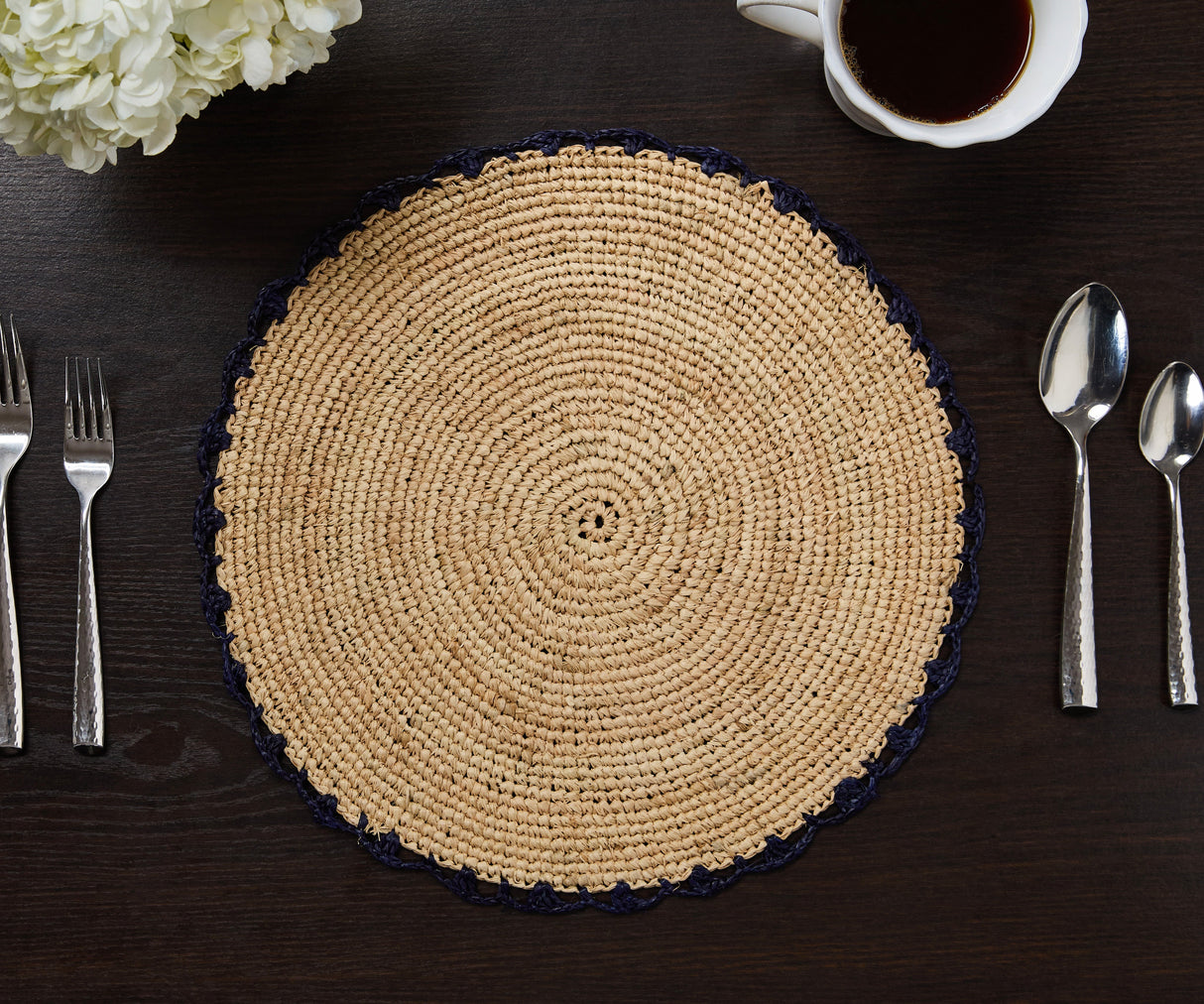 Handwoven Aura Blue Edge Placemat - Rustic Woven Raffia Tabletop Decor-table tops-Parc Decor