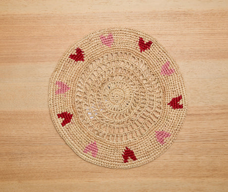 Handwoven Heart Raffia Placemat – Artisan Table Décor with Red & Pink Hearts-table tops-Parc Decor