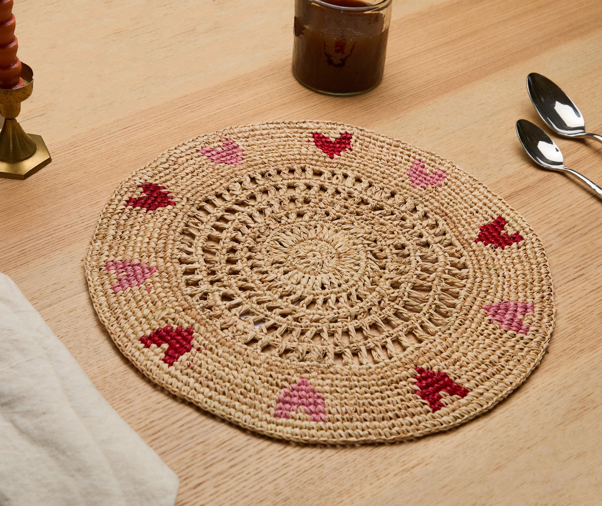 Handwoven Heart Raffia Placemat – Artisan Table Décor with Red & Pink Hearts-table tops-Parc Decor