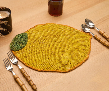 Handwoven Lemon Placemat – Raffia Fruit Shaped Table Mat, Summer Table Decor-table tops-Parc Decor