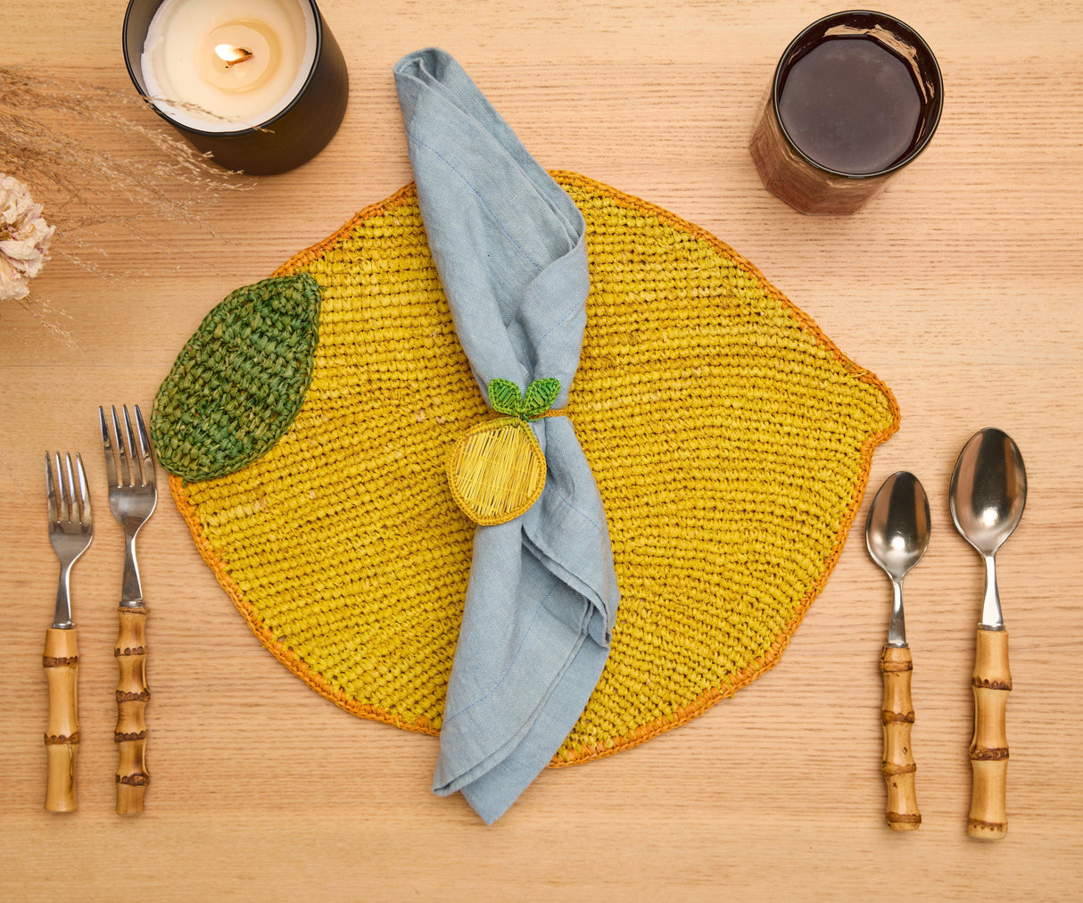 Handwoven Lemon Placemat – Raffia Fruit Shaped Table Mat, Summer Table Decor-table tops-Parc Decor