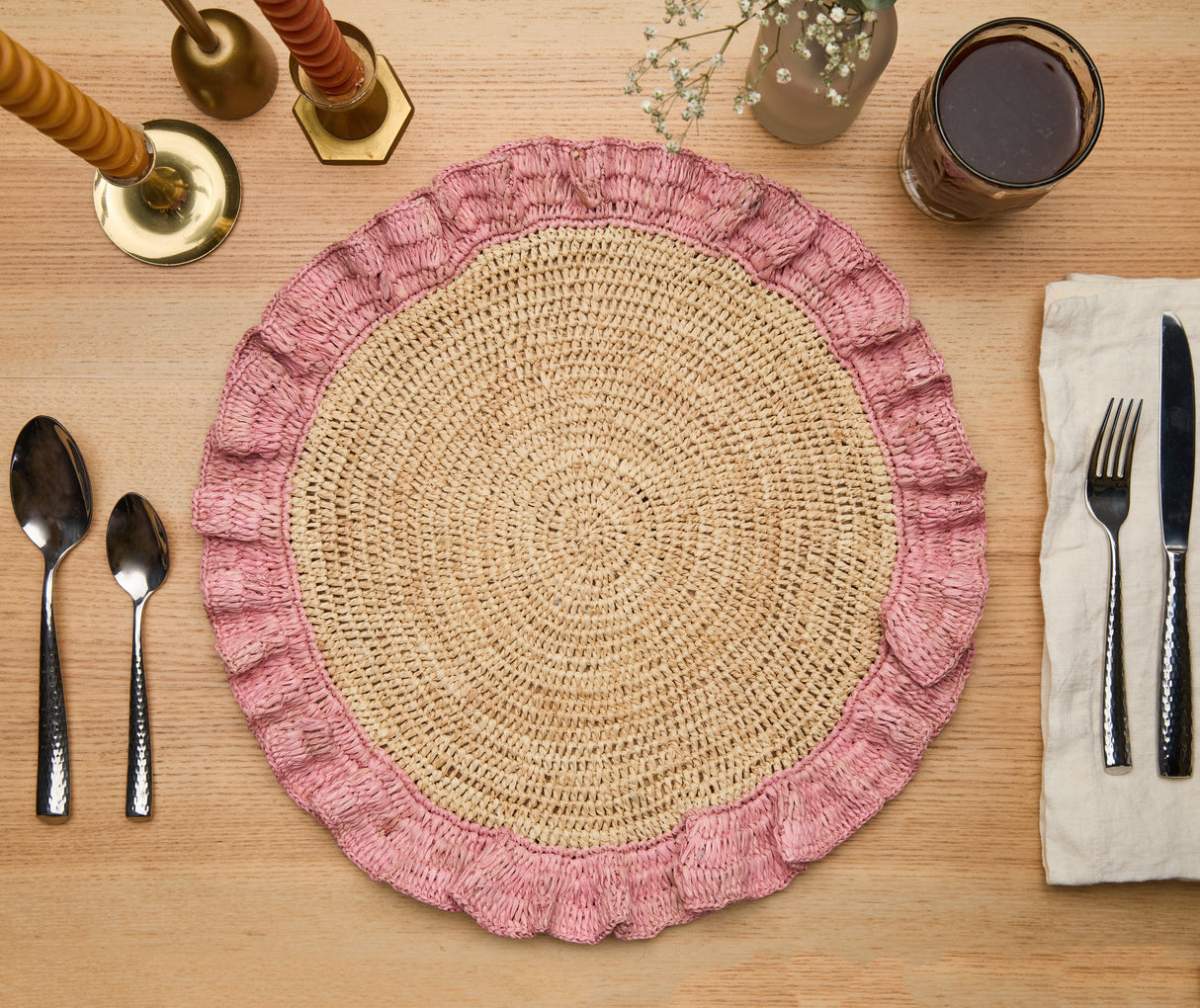 Handwoven Raffia Ruffle Placemat – Boho Chic Table Décor – Summer Table Accent-table tops-Parc Decor