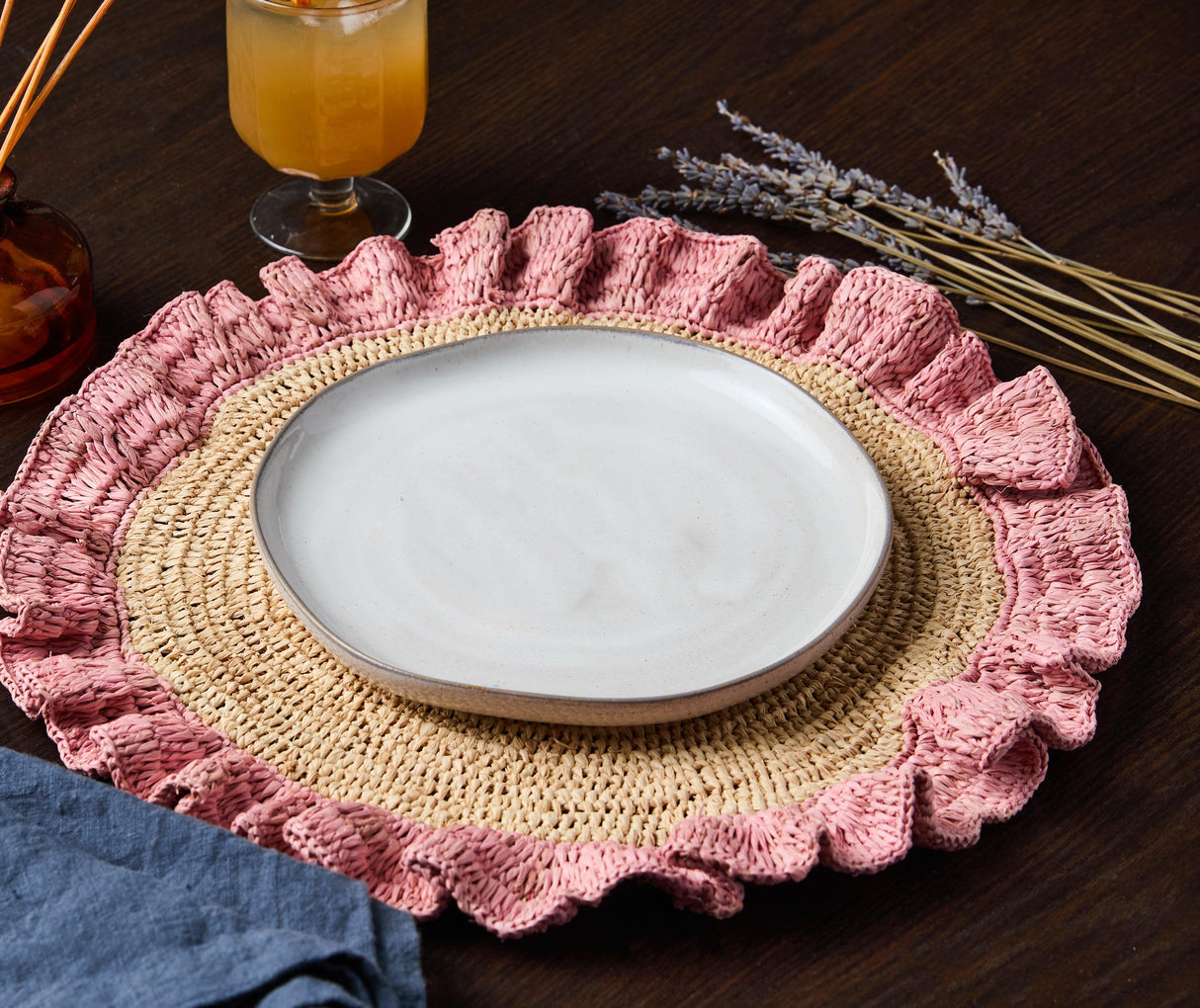 Handwoven Raffia Ruffle Placemat – Boho Chic Table Décor – Summer Table Accent-table tops-Parc Decor