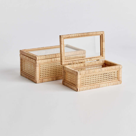 Handwoven Rattan Storage Boxes with Glass Window Lids (Set of 2)-Storage Boxes-Parc Decor