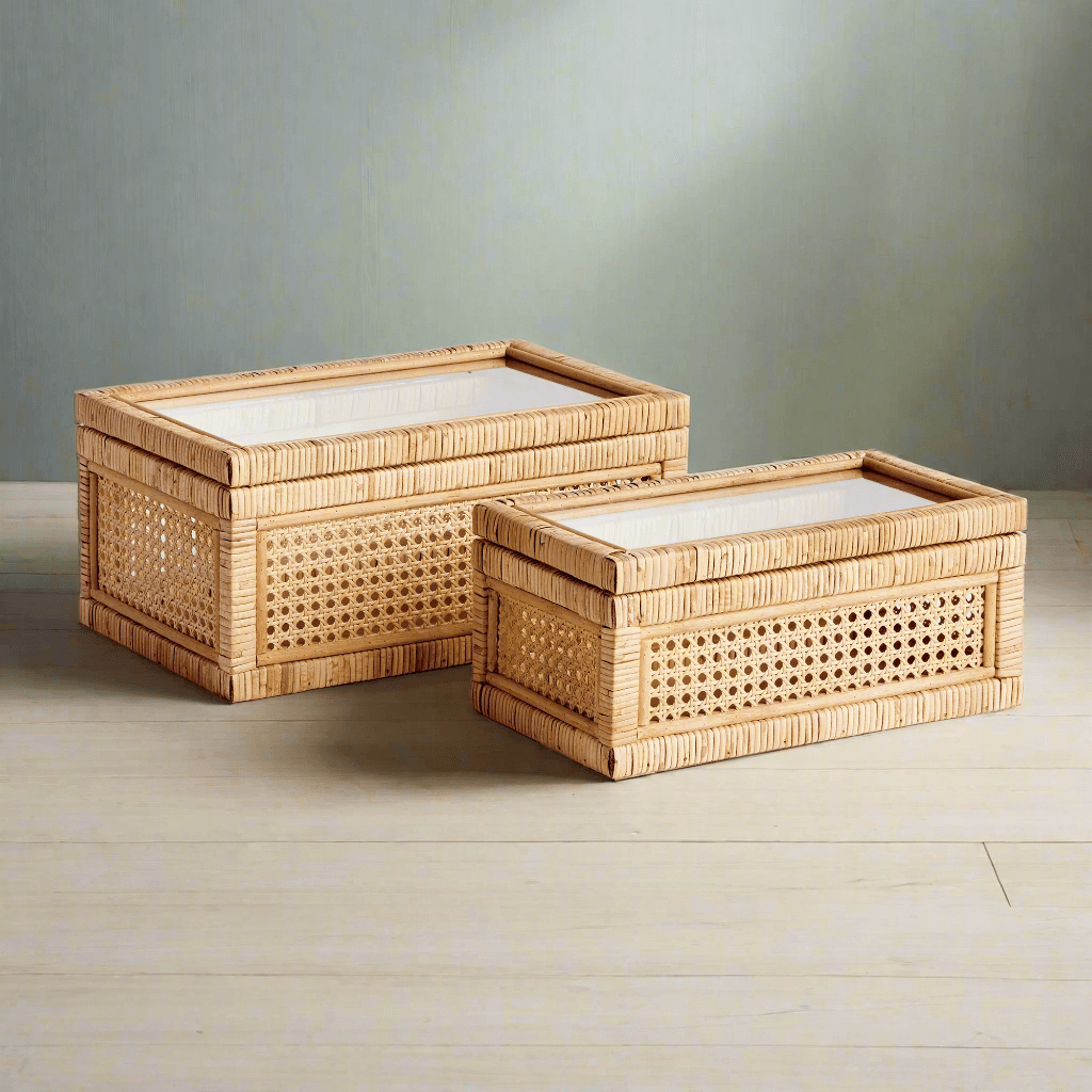 Handwoven Rattan Storage Boxes with Glass Window Lids (Set of 2)-Storage Boxes-Parc Decor