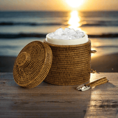 Handwoven Vintage Rattan Ice Bucket with Tongs and Lid-Ice Bucket-Parc Decor