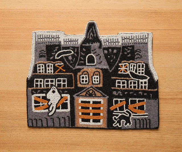 Haunted House Beaded Placemat – Handmade Halloween Table Mat – Spooky Ghost Cat Decor – Gothic Fall Dining Accent-Table tops-Parc Decor