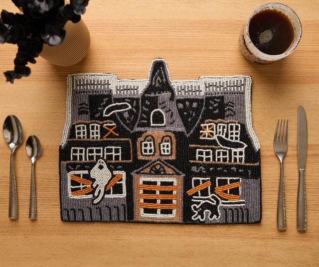 Haunted House Beaded Placemat – Handmade Halloween Table Mat – Spooky Ghost Cat Decor – Gothic Fall Dining Accent-Table tops-Parc Decor