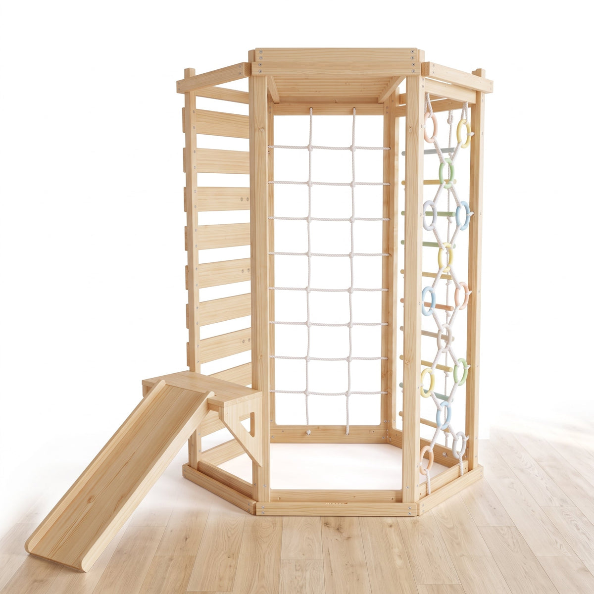 Hawthorn Indoor Playground | 93" Montessori Climbing Gym with Slide & Rope Net