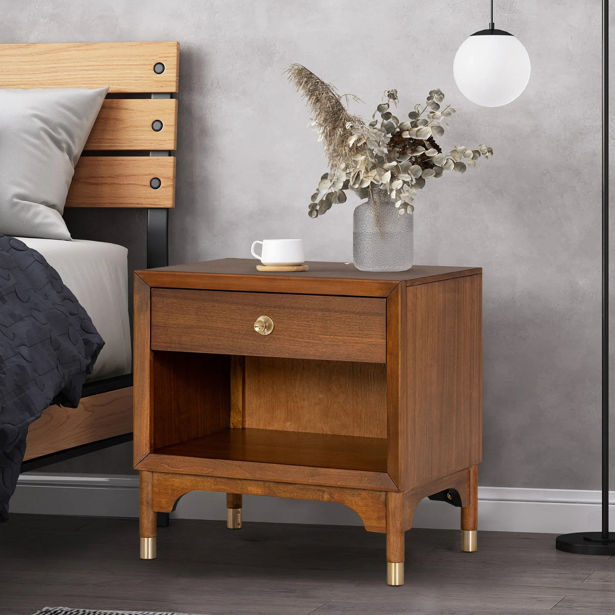 Hepburne Mid Century Walnut 1-Drawer 26 in. Nightstand with Touch Light-床头柜-Parc Decor