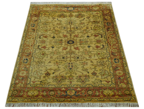 Heriz Traditional Design Gold And Rust 5x6.7 Hand Knotted Wool Area Rug