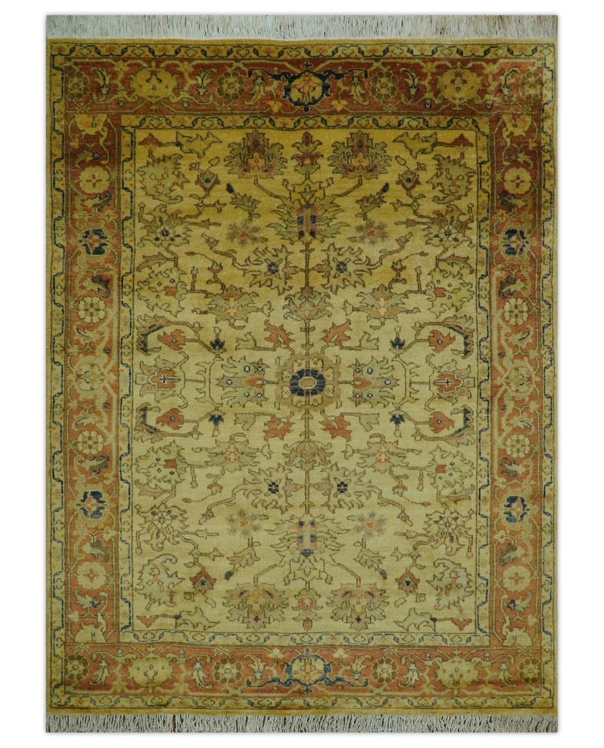 Heriz Traditional Design Gold And Rust 5x6.7 Hand Knotted Wool Area Rug