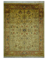 Heriz Traditional Design Gold And Rust 5x6.7 Hand Knotted Wool Area Rug