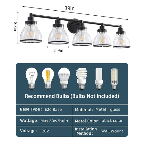 Hermosa Modern Polished Nickel & Black 5-Light Bathroom Vanity Light