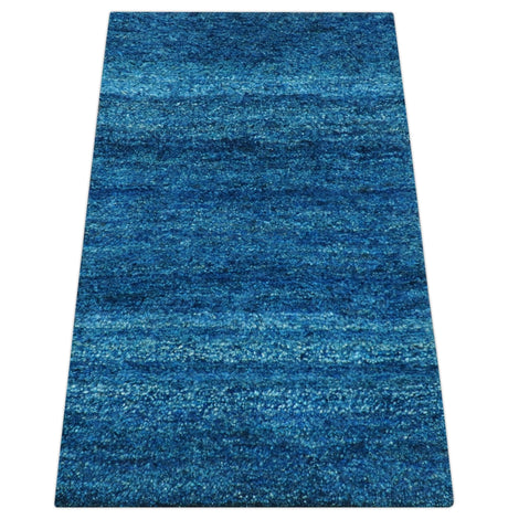 High Pile Blue Hand knotted Contemporary Custom Made Solid Afghan wool Area Rug