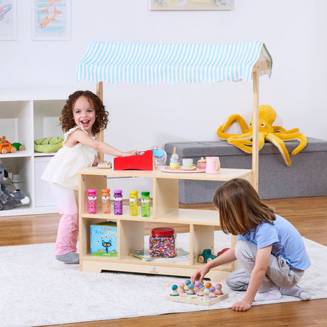Holly Wooden Market Stand | Kids Pretend Play Grocery Store & Toy Display Shelf with Canopy