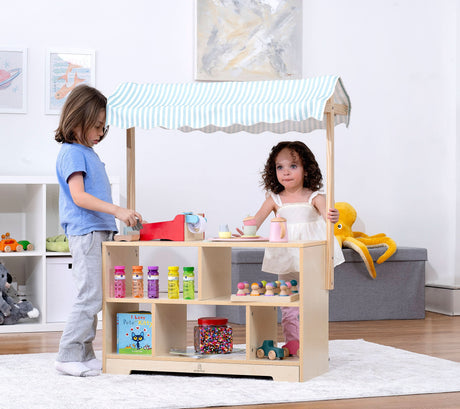 Holly Wooden Market Stand | Kids Pretend Play Grocery Store & Toy Display Shelf with Canopy