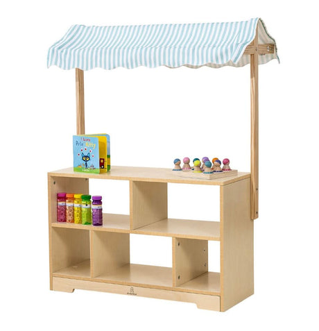 Holly Wooden Market Stand | Kids Pretend Play Grocery Store & Toy Display Shelf with Canopy