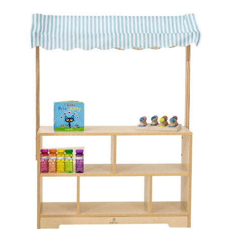 Holly Wooden Market Stand | Kids Pretend Play Grocery Store & Toy Display Shelf with Canopy