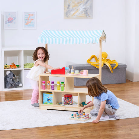 Holly Wooden Market Stand | Kids Pretend Play Grocery Store & Toy Display Shelf with Canopy