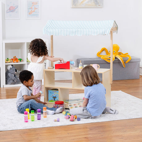Holly Wooden Market Stand | Kids Pretend Play Grocery Store & Toy Display Shelf with Canopy
