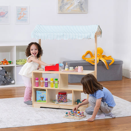 Holly Wooden Market Stand | Kids Pretend Play Grocery Store & Toy Display Shelf with Canopy