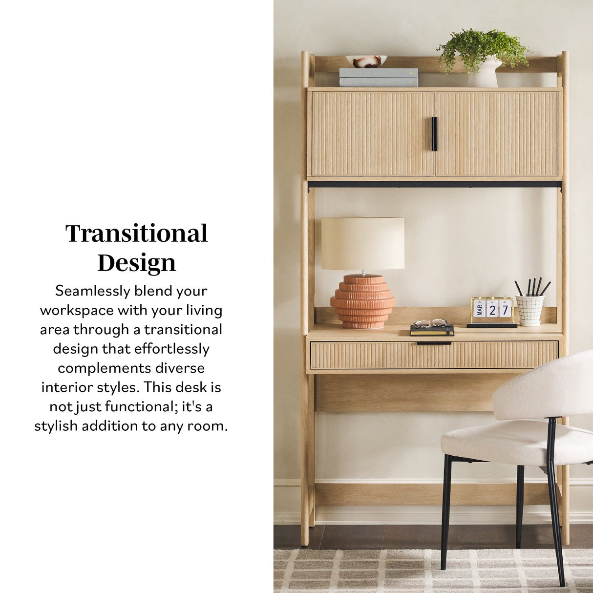 Holmes Modern Scandinavian Reeded Writing Storage Desk with USB-Home Office-Parc Decor