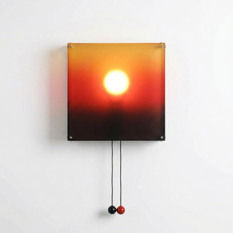 Horizon Wall Light, a square wall sconce with a sunset gradient and two pull cords with red and black spheres.