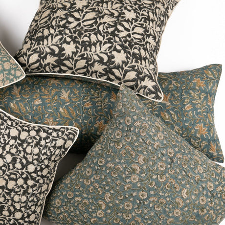 Inaya Linen Floral Throw Pillow Cover, Teal-Floral Pillows-Parc Decor