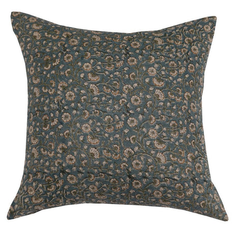 Inaya Linen Floral Throw Pillow Cover, Teal-Floral Pillows-Parc Decor