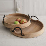 Industrial Round Wood Serving Trays with Handles (Set of 2)-Kitchen-Parc Decor