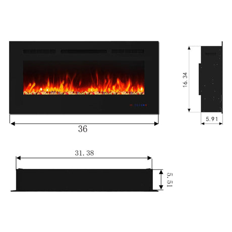 Insert or Wall-Mount Electric Fireplace with Remote Control and Touch Screen in 13 Flame Colors and Base Lights