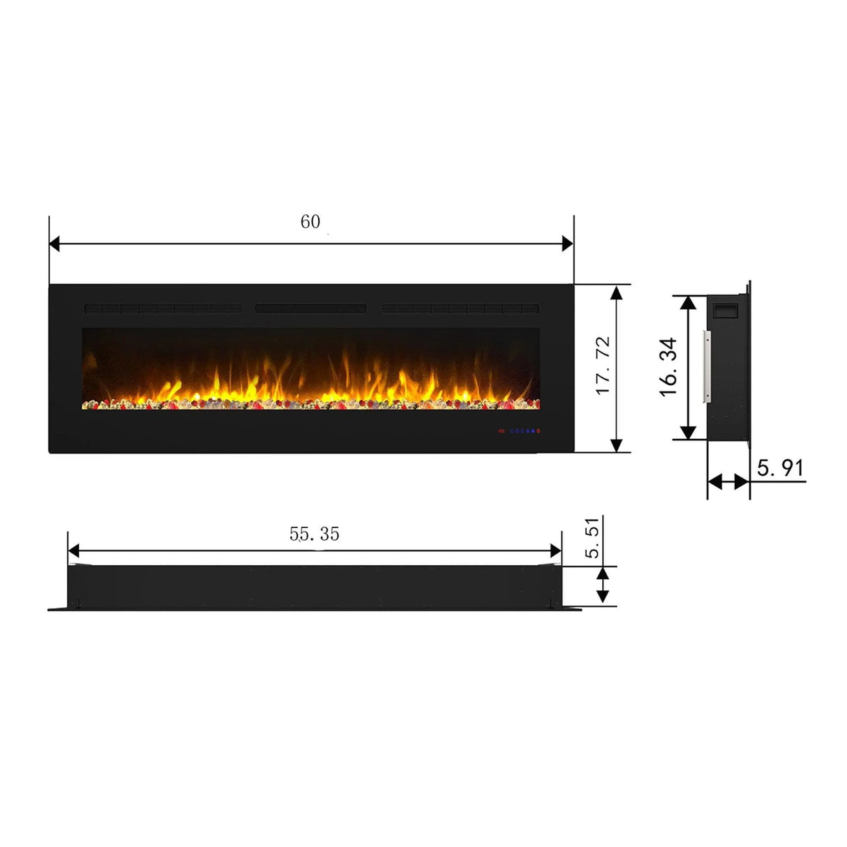 Insert or Wall-Mount Electric Fireplace with Remote Control and Touch Screen in 13 Flame Colors and Base Lights