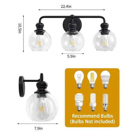Irvine Black Modern Clear Glass 3-Light Vanity Light