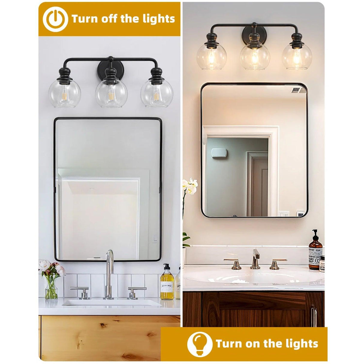 Irvine Black Modern Clear Glass 3-Light Vanity Light-壁灯-Parc Decor