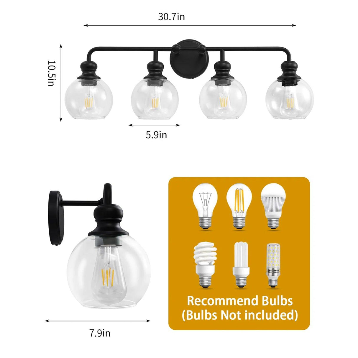 Irvine Black Modern Clear Glass 4-Light Vanity Light-壁灯-Parc Decor