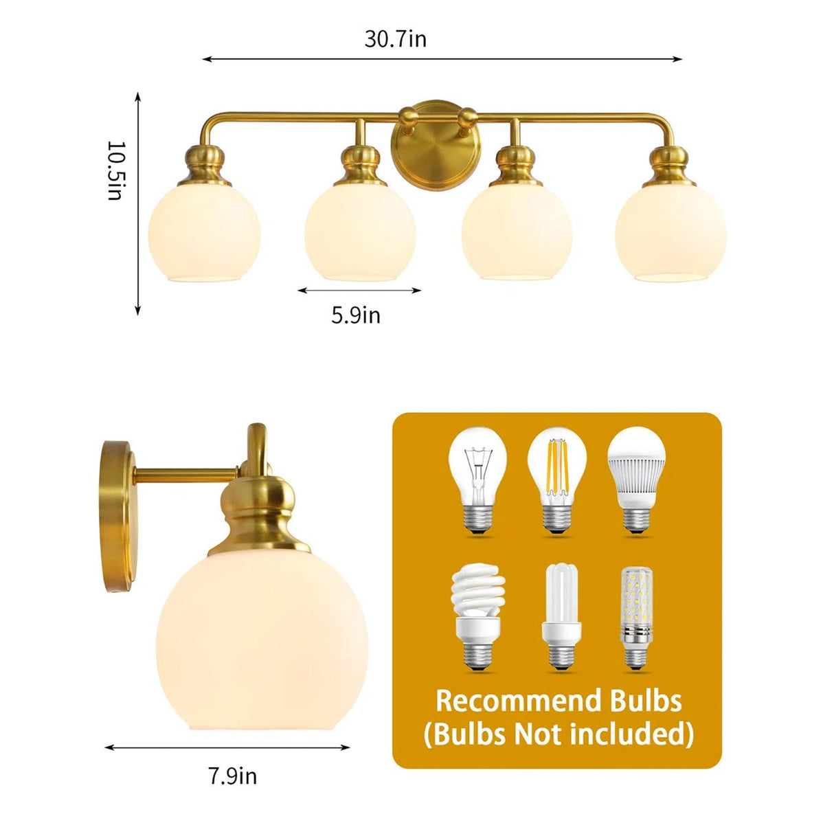 Irvine Gold Modern Frosted Glass 4-Light Vanity Light-壁灯-Parc Decor