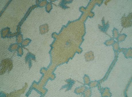 Ivory and Aqua Hand Knotted Oriental Oushak Custom Made Wool Rug