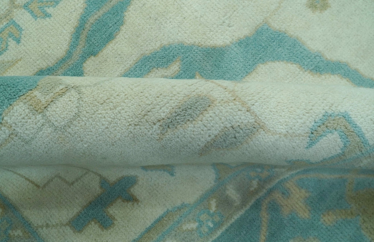 Ivory and Aqua Hand Knotted Oriental Oushak Custom Made Wool Rug
