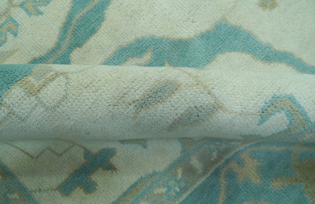 Ivory and Aqua Hand Knotted Oriental Oushak Custom Made Wool Rug