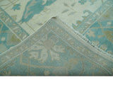 Ivory and Aqua Hand Knotted Oriental Oushak Custom Made Wool Rug