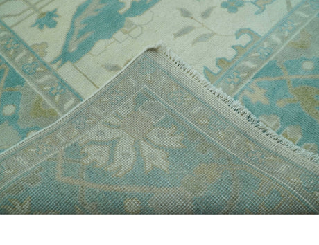 Ivory and Aqua Hand Knotted Oriental Oushak Custom Made Wool Rug