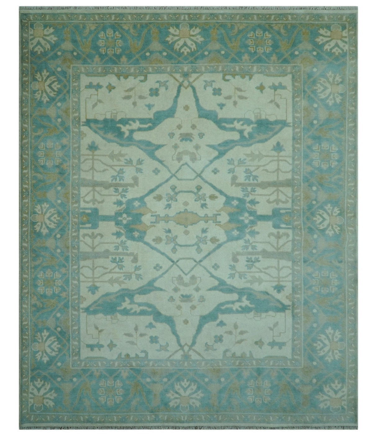 Ivory and Aqua Hand Knotted Oriental Oushak Custom Made Wool Rug