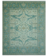 Ivory and Aqua Hand Knotted Oriental Oushak Custom Made Wool Rug