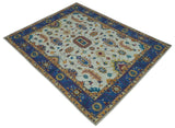 Ivory and Blue Hand Knotted Traditional Design 8x10 wool Area Rug