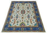 Ivory and Blue Hand Knotted Traditional Design 8x10 wool Area Rug
