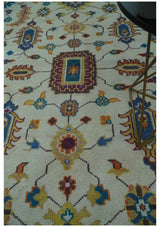 Ivory and Blue Hand Knotted Traditional Design 8x10 wool Area Rug